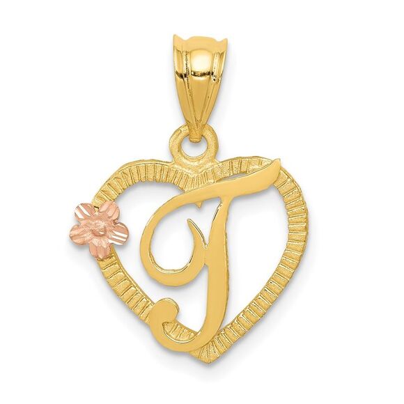 14k Two Tone Gold Grace Collection 15mm Heart Initial T Pendant - Picture 1 of 5